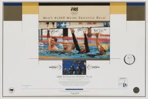 MEN'S 4x200 METRE FREESTYLE, print from "2000 Australian Olympic Team" series, signed by Michael Klim, Todd Pearson, Bill Kirby & Ian Thorpe, limited edition 29/500, window mounted, framed & glazed, overall 78x60cm. With CoA.