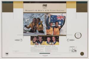 WOMEN'S & MEN'S 470 CLASS SAILING, print from "2000 Australian Olympic Team" series, signed by Jenny Armstrong, Belinda Stowell, Tom King & Mark Turnbull, limited edition 4/250, window mounted, framed & glazed, overall 78x60cm. With CoA.