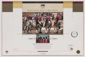 EQUESTRIAN TEAM 3 DAY EVENT, print from "2000 Australian Olympic Team" series, signed by Andrew Hoy, Phillip Dutton, Stuart Tinney & Matt Ryan, limited edition 62/500, window mounted, framed & glazed, overall 78x60cm. With CoA.