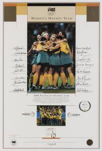 WOMEN'S HOCKEY TEAM, print from "2000 Australian Olympic Team" series, with 16 signatures including Alyson Annan, Juliet Haslam & Rechelle Hawkes, limited edition 326/500, window mounted, framed & glazed, overall 60x80cm. With CoA.