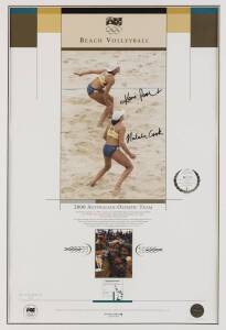 BEACH VOLLEY BALL, print from "2000 Australian Olympic Team" series, signed by Kerrie Pottharst & Natalie Cook, limited edition 35/250, window mounted, framed & glazed, overall 60x80cm. With CoA.