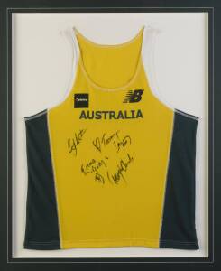 SYDNEY 2000, display with Australian singlet with 4 signatures including Emma George & Tamsyn Lewis, framed & glazed, overall 83x98cm.