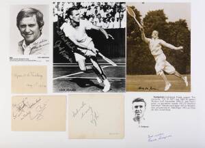 TENNIS AUTOGRAPHS, 8 items with 16 signatures, noted Sir Francis Gordon Lowe (winner 1915 Australian Open), Norman Brookes, Jack crawford, Don Turnbull, Pat O'Hara Wood; signed photos of Jack Kramer, Roy Emerson & sidney Wood.