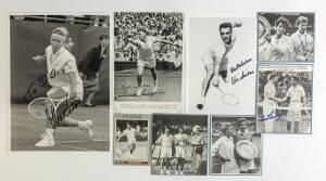 TENNIS AUTOGRAPHS: Signed pictures/photos, noted Ken Rosewall, Don Budge, John Newcombe, Doris Hart, Virginia Wade, Rod Laver, Vic Seixas. (18 items).