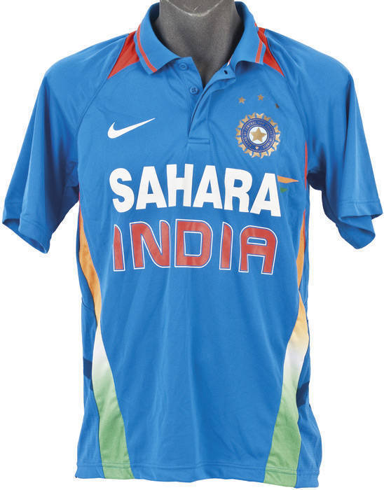 INDIA CRICKET CLOTHING: Jumpers (2) - one sleeveless, other with long sleeves; Test shirt (with "Jairam" written on label); one-day shirts (2 different colours). Good condition.