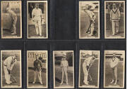 1909-32 cricket cards in album, comprising 1909 Wills "Australian & English Cricketers" [10/25]; 1926 Players "Cricketers Caricatures by RIP" [50]; 1929 Wills "Cricket Season 1928-29" [39/48]; 1932 Godfrey Phillips "Test Cricketers 1932-33" [38]. Mainly G