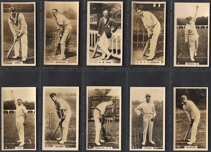 1926-38 cricket cards in album, comprising 1926 Wills "English Cricketers" [25]; 1928 Major Drapkin "Australian and English Test Cricketers" [40]; 1930 Boys Magazine "Zat Card Series (Cricketers)" [11]; 1938 Allens "Cricketers" [34/36]; 1938 Boys Captain