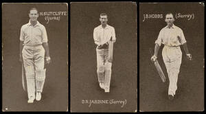 1928 Australian (Giant Brand) Licorice "English Cricketers" (Blue Back), part set [20/24], including J.B.Hobbs, D.R.Jardine & H.Sutcliffe. Poor/VG.