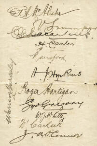 1909 AUSTRALIAN TEAM, autograph page with 12 signatures - Percy McAlister, Victor Trumper, Charles Macartney, Hanson Carter, Vernon Ransford, Bert Hopkins, Roger Hartigan, Syd Gregory, Bill Whitty, William Carkeek, Jack O'Connor & Warren Bardsley. Togethe