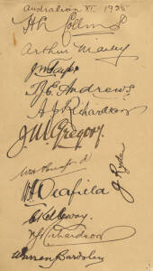 1924-25 AUSTRALIAN TEAM, autograph page with 12 signatures, including Herb Collins (captain), Arthur Mailey, Johnny Taylor, Bill Ponsford, Bert Oldfield & Victor Richardson. Page with some ageing, though rare group of autographs.