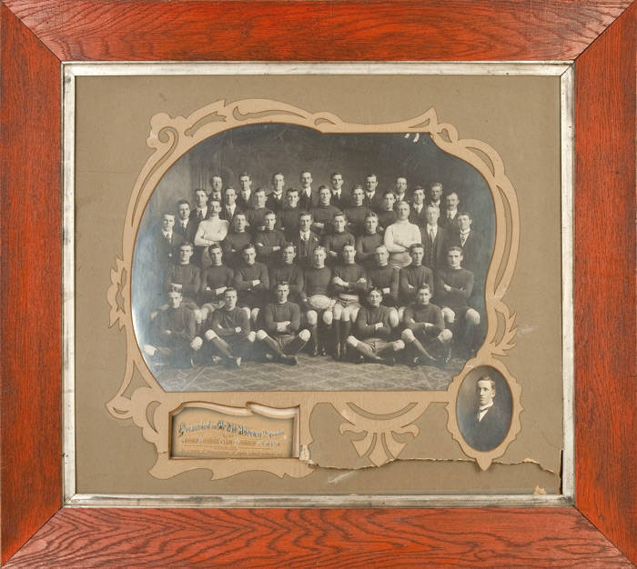 LEOPOLD: 1913 Premiership Team photograph, with hand-painted title "Presented to Mr.L.H.McBrien Hon.Treas. by the Leopold Football Club - Premiers M.A.F.A., Season 1913", with elaborate mount (some damage), framed (no glass), overall 97x87cm. Fair/Good co