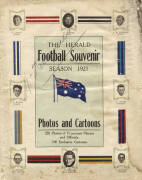 "The Herald Football Souvenir Season 1921" published by The Daily Herald [Adelaide, 1921], includes photos and cartoons of many prominent players & teams, mostly from the SANFL but also Victorian and WA state teams, signed on the front cover by Tom Kelyna