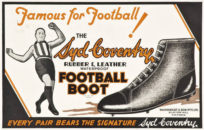 ADVERTISING SIGN, "Famous for Football!" The Syd Coventry Football Boot", 38x25cm. G/VG condition.