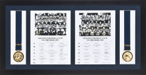 GEELONG: "1951 & 1952 VFL Premiers" display, comprising 1951 Geelong team sheet with 17 signatures, 1952 Geelong team sheet with 16 signatures, window mounted with photographs of each team, and 1951 & 1952 Premiership medallions (given to players at the G