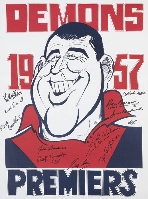 MELBOURNE: "Demons 1957 Premiers" Weg caricature posters (7) each with 12 signatures including Ron Barassi, Dick Fenton-Smith, John Beckwith, Colin Wilson & Clyde Laidlaw.