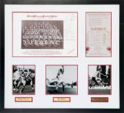 SOUTH MELBOURNE: 1983 Golden Anniversry Premiership Dinner menu, with picture of 1933 Premiership team and 14 signatures including Bob Pratt, Laurie Nash, Fred Goldsmith, Ron Clegg & Peter Bedford, window mounted with photographs of Bobby Skilton, Bob Pra