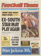 SANFL: "Football Times" newspapers, complete runs for 1985 (29), 1986 (30), 1989 (28), 1990 (28), 1991 (31) & 1992 (30) in three binders. Plus 1971-81 "South Australian Football Budget"s (201) in 6 binders. Fair/Good condition.