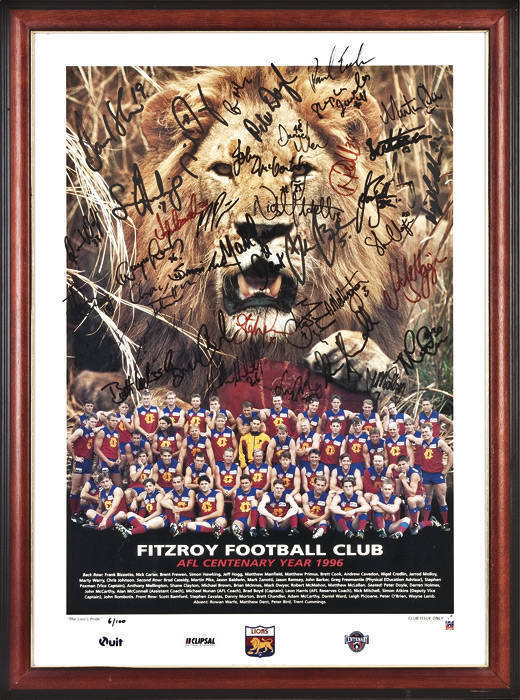 FITZROY: "Fitzroy Football Club, AFL Centenary Year 1996" print with c36 signatures including Brad Boyd, Martin Pike, Matthew Primus & Jarrod Molloy, limited edition 6/100, framed & glazed, overall 57x76cm. {Fitzroy's last team}.