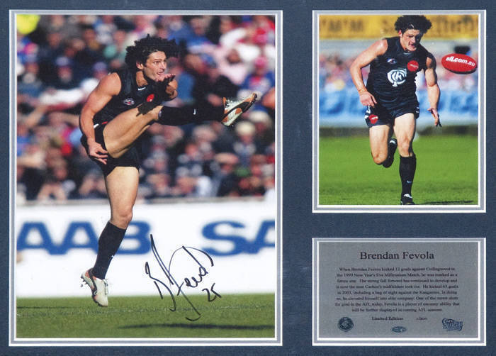 CARLTON: Signed displays of Alex Jesaulenko (2) & Brendan Fevola. All framed, various sizes.