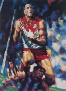 TONY LOCKETT (St.Kilda/Sydney Swans), "Tony Lockett - AFL goalkicking record holder" print by Mark Sofilas, signed by Tony Lockett & the artist, limited edition 1237/1300, window mounted, framed & glazed, overall 83x108cm. With CoA.