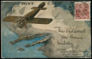 Aerophilately: 6-11 Aug.1919 (AAMC.20a) Adelaide - Minlaton special postcard carried by Captain Harry Butler in his "Red Devil" Bristol Tourer; with hand-written message. Exceptional condition.AAMC:$550.