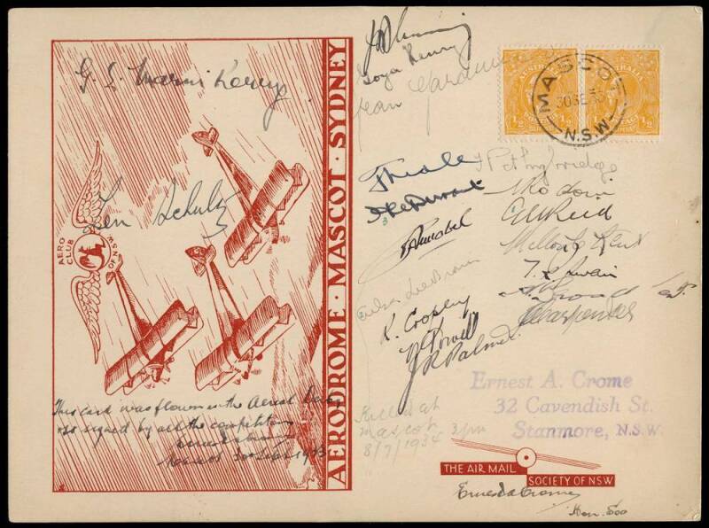 Aerophilately: 30 Sept.1933 (AAMC.331) Mascot Aerial Derby large souvenir postcard signed by all the competing aviators; with official yellow vignette on reverse. [Only 50 prepared]. Signatures include Mrs A. Lee, Marni Kerry, Jean Gardiner, J.R.Palmer, H