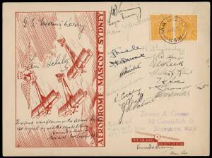 Aerophilately: 30 Sept.1933 (AAMC.331) Mascot Aerial Derby large souvenir postcard signed by all the competing aviators; with official yellow vignette on reverse. [Only 50 prepared]. Signatures include Mrs A. Lee, Marni Kerry, Jean Gardiner, J.R.Palmer, H