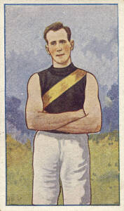 1922 J.J.Schuh (Magpie Cigarettes) "Victorian League Footballers", part set [25/60]. One trimmed, others mainly G/VG.