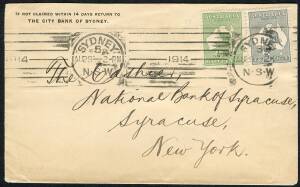 Kangaroos - 1st Wmk - Aug.1914 usage of ½d Green + 2d Grey (cnr fault) on cover from Sydney to New York. Cat.$400+.