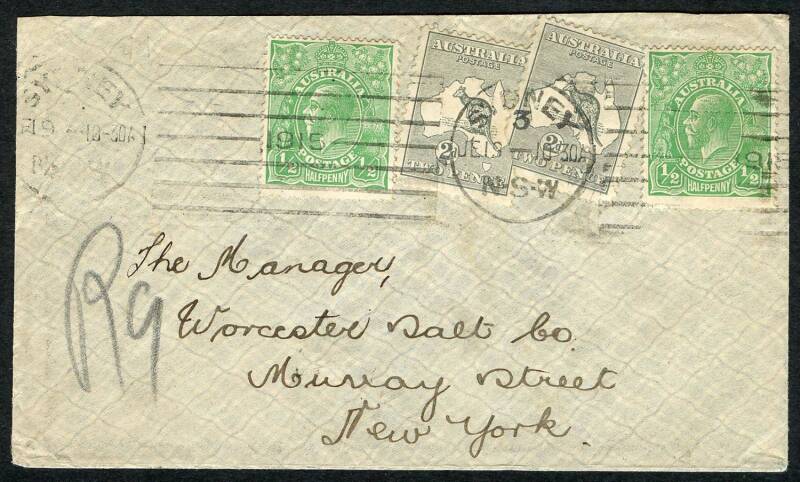 Kangaroos - 2nd Wmk - June 1915 usage of 2d Greys (2, one defective - Cat.$400 each, on cover!) in combination with KGV ½d Greens (2) on attractive double-rate cover from Sydney to NEW YORK.