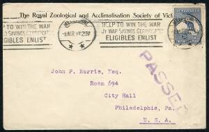 Kangaroos - 3rd Wmk - Mar.1918 usage of 2½d Indigo on cover from Melbourne Zoo to Philadelphia, USA.