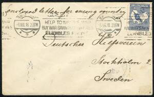 Kangaroos - 3rd Wmk - Aug.1918 usage of 2½d Indigo (cnr fault) on cover from Brisbane to Sweden; with STOCKHOLM arrival b/s. Endorsed "Enclosed letter for enemy country".