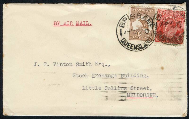 Kangaroos - Small Multi Wmk - Sept.1930 usage of 6d Chestnut + KGV 2d Red on airmail cover from Brisbane to Melbourne. Tone spots noted.