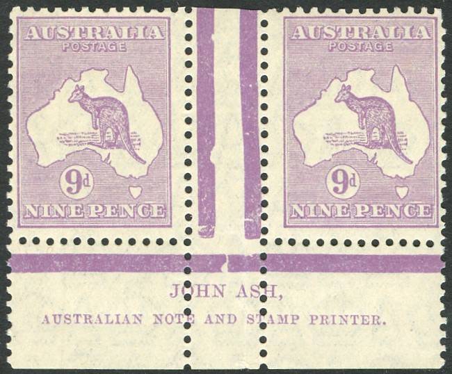 Kangaroos - Small Multi Wmk - 9d Dull Violet, John Ash Imprint pair; stamps MUH. BW:$450+.