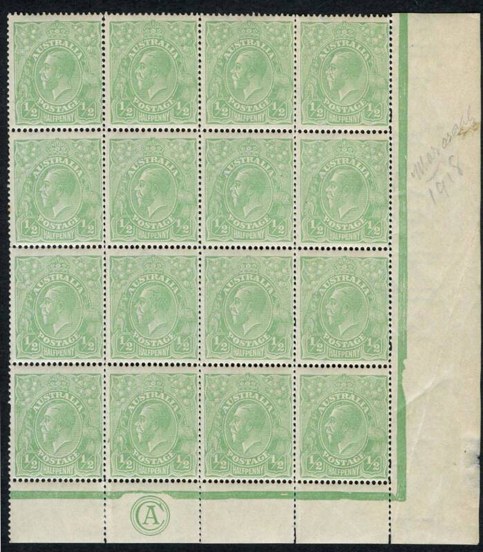 KGV - 1914-24 Single Wmk - 1914-20 (SG.20c) ½d Yellow-Green, CA MONOGRAM strip of 3 [BW:63(4)zb] as part of a corner block of 16, additionally with variety "Barb on fraction bar at right" [4R40]' a few minor gum bends but MUH. Cat.$700 just for the Monogr