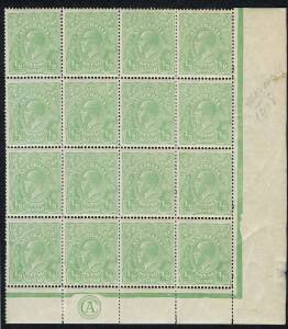 KGV - 1914-24 Single Wmk - 1914-20 (SG.20c) &frac12;d Yellow-Green, CA MONOGRAM strip of 3 [BW:63(4)zb] as part of a corner block of 16, additionally with variety "Barb on fraction bar at right" [4R40]' a few minor gum bends but MUH. Cat.$700 just for the Monogr
