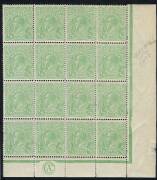 KGV - 1914-24 Single Wmk - 1914-20 (SG.20c) ½d Yellow-Green, CA MONOGRAM strip of 3 [BW:63(4)zb] as part of a corner block of 16, additionally with variety "Barb on fraction bar at right" [4R40]' a few minor gum bends but MUH. Cat.$700 just for the Monogr