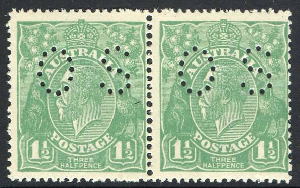 KGV - 1918-23 Single Wmk - 1½d Green, perforated OS,  (SG.)70) horizontal pair, MUH; tiny spot on one perf. BW:88ba - Cat.$300.