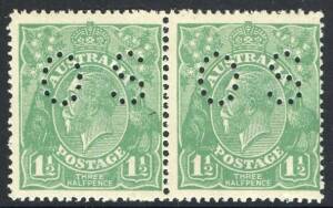 KGV - 1918-23 Single Wmk - 1&frac12;d Green, perforated OS, &nbsp;(SG.)70) horizontal pair, MUH; tiny spot on one perf. BW:88ba - Cat.$300.