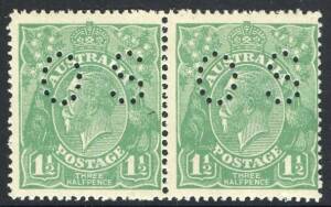 KGV - 1918-23 Single Wmk - 1½d Green, perforated OS,  (SG.)70) horizontal pair, MUH; tiny spot on one perf. BW:88ba - Cat.$300.