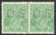 KGV - 1918-23 Single Wmk - 1&frac12;d Green, perforated OS, &nbsp;(SG.)70) horizontal pair, MUH; tiny spot on one perf. BW:88ba - Cat.$300.