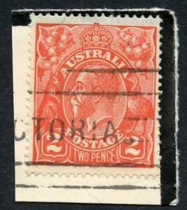 KGV - 1918-23 Single Wmk - 1918-23 (SG.63) 2d Scarlet, Used on small piece, with varieties "Recut 2 at right and broken top to crown." [BW:96(12A)j.] Cat.$200.