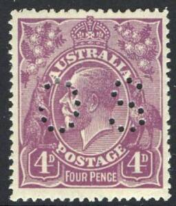 KGV - 1918-23 Single Wmk - 1918-23 KGV 4d Violet, perforated OS. Well centred & fresh Mint. SG.O73; BW:111b - Cat.$200.