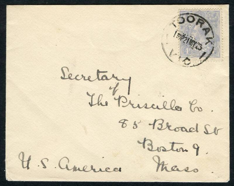 KGV - 1918-23 Single Wmk - May 1923 usage of KGV 4d Milky Blue on cover from Toorak to USA. Very lovely single franking.