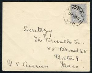 KGV - 1918-23 Single Wmk - May 1923 usage of KGV 4d Milky Blue on cover from Toorak to USA. Very lovely single franking.