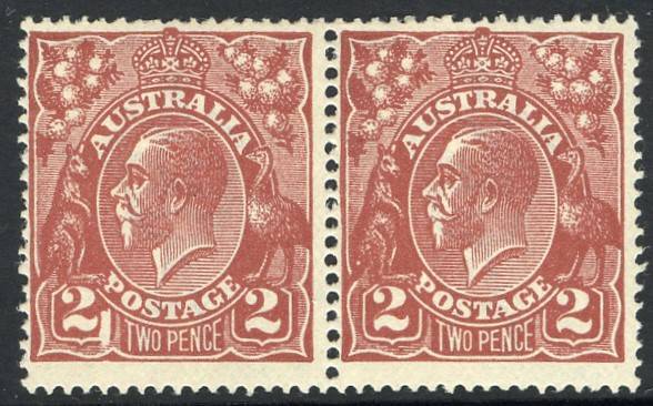 KGV - 1924 Single Watermark - 2d Red-Brown, horizontal pair (2), the left unit with variety "Large white flaw in left value tablet" MVLH. BW:97(16)f.