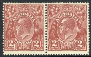 KGV - 1924 Single Watermark - 2d Red-Brown, horizontal pair (2), the left unit with variety "Large white flaw in left value tablet" MVLH. BW:97(16)f.