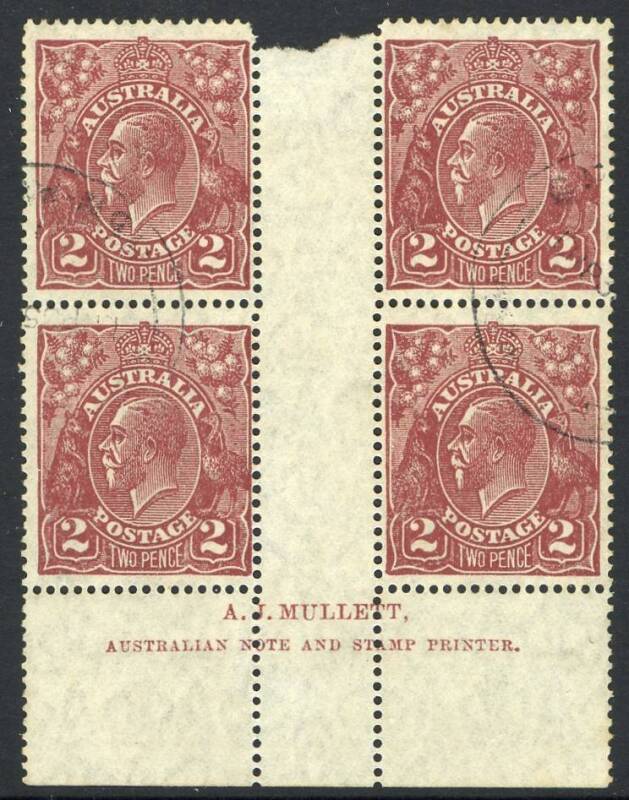 KGV - Small Multi Wmk Perf.14 - 2d Red-Brown, Mullett Imprint blk.(4). BW:98z. VFU and extremely rare in this condition.