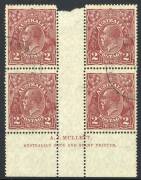 KGV - Small Multi Wmk Perf.14 - 2d Red-Brown, Mullett Imprint blk.(4). BW:98z. VFU and extremely rare in this condition.
