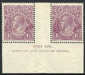 KGV - Small Multi Wmk Perf.14 - 4½d Violet, Ash Imprint pair (2) MLH with variety BW:119ve "Deformed left bottom frame".